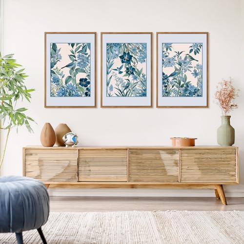 3 Pcs Blue Birds Flowers Framed Canvas Wall Art 16x24 Inch