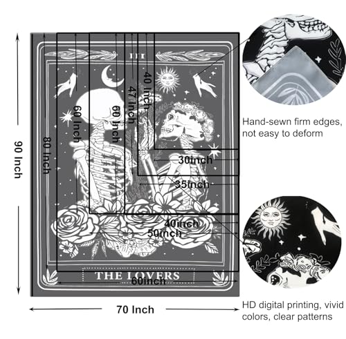 The Lovers Skull Tapestry Gothic Tapestry Vertical Black and White Skeleton Gothic Witch Sun Moon Floral Plant Snake Tapestries Wall Hanging Decor for Bedroom Dorm Room 70 x 90 Inches