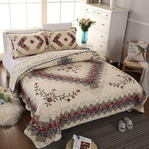 Beige Floral Embroidered Quilt Set King Size 100% Cotton Ethnic Patchwork Bedspread Coverlet Country Rustic Embroidery Reversible Geometric Bedding Cover Set Soft Cotton Comforter Cover (3 Count)