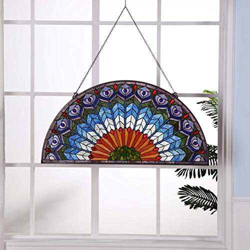 W10034 Blue Peacock Feather Tiffany Style Stained Glass Window Panel