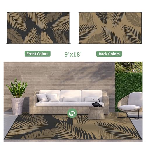 Outdoor Rug Waterproof Plastic Rugs 9'x18' for Camping Black Brown