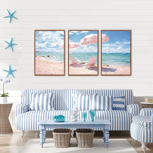 KAlRNE Pink Coastal Framed Art Prints Ocean Canvas Wall Art Set (3 Count)
