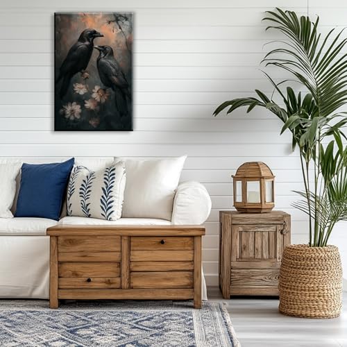 Birds Canvas Wall Art Black Couple Crow Picture Print Vintage Gothic Raven Artwork for Living Room Halloween Home Wall Decor