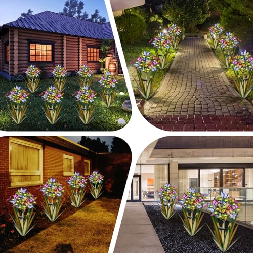 Solar Metal Agave Butterfly Flower Stick Garden Sculpture Outdoor Gift Solar Garden Christmas Lights Swaying Butterfly Garden Lights Solar Outdoor (2 Count)