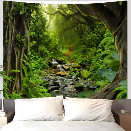 Green Rainforest Tapestry Nature Forest Tapestry for Bedroom Aesthetic Misty Tropical Jungle Trees Flowing Stream Landscape Tapestries Wall Hanging for Living Room Dorm 80 x 60 Inch