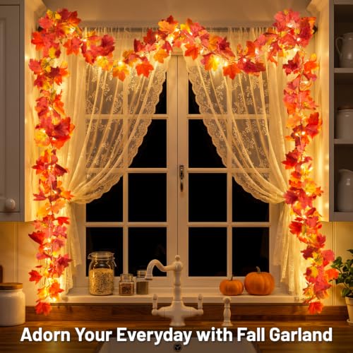 20 LED Fall Leaves Garland with Lights Battery Operated Timer Orange