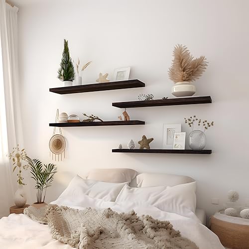 24 Inch Floating Shelves for Wall Rustic Brown Wood Wall Shelves for Bedroom Set of 4 (4 Count)