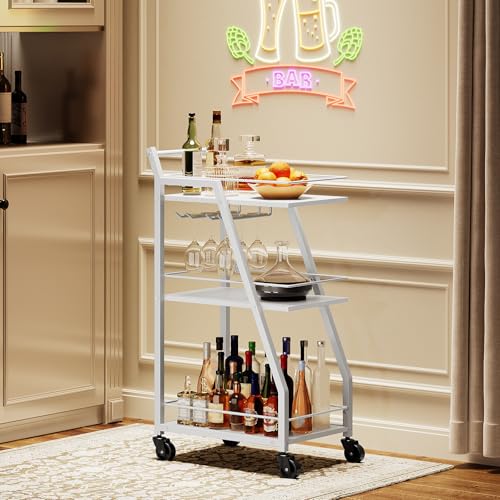 Bar Cart, 3-Tier Home Bar Serving Cart with Wheels, Drink Cart with Glass Holder, Beverage Cart, Rolling Kitchen Cart, for Home, Living Room, White and White BC03WW