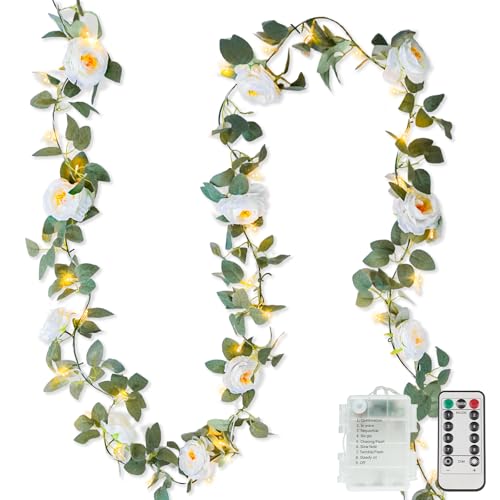 60LED Garland with White Camellia Lights Battery Operated Clear Wire