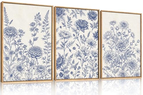 Blue White Chinoiserie Floral Framed Canvas Wall Art