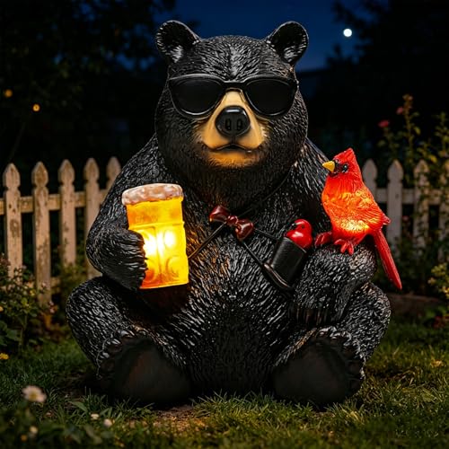 Solar Black Bear Statue for Garden with Beer and Cardinals