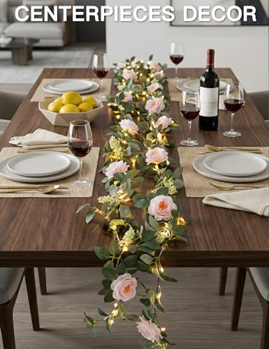 60LED Garland with Pink Camellia Lights Battery Operated Clear Wire