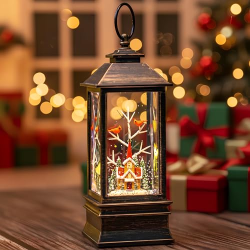 10'' Christmas Snow Globe Lantern Lighted Christmas Village Church Scene Musical Water Lantern with Swirling Glittering Home Decoration and Gift