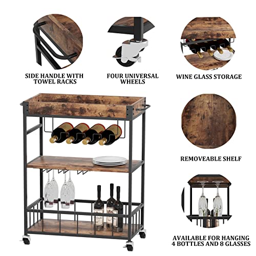 Bar Cart Serving Wine 3 Tier Home Rolling Rack with Wheels Mobile Kitchen Industrial Vintage Style Wood Metal Serving Trolley Serving Cart
