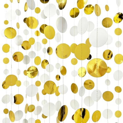 46 Feet White and Gold Circle Dots Garland Hanging Paper Polka Dots Streamer for Birthday Bachelorette Engagement Anniversary Wedding Bridal Shower Christmas Holiday Party Decorations Supplies