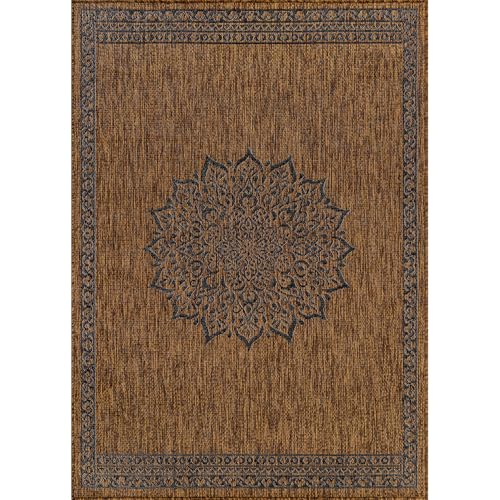 Outdoor Rug 10x14 Medallion Gold Modern Large Area Rugs for Indoor and Outdoor Patios Kitchen and Hallway Mats Washable Porch Deck Outside Carpet (140 Sq Ft)
