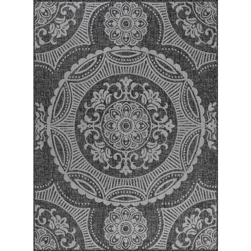 Medallion Outdoor Rug 10x14 Washable Outside Carpet for Indoor Patio Porch Waterproof Easy Cleaning Non Shedding Area Rugs Dark Gray 10 x 14