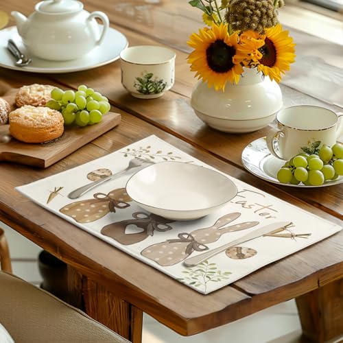 Happy Easter Bunny Placemats Set of 4 Easter Rabbit Egg Carrots Linen Fabric Table Mats Spring Seasonal Rustic Holiday Washable Place Mats for Party Kitchen Dining Indoor Decor 12x18 Inch (4 Count)
