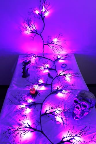 9 Ft 66 LED Willow Vine Twig Decor Black Halloween Garland with Purple Lights