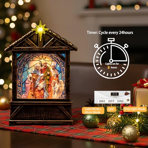 Christmas Snow Globe Lantern Water Glittering Nativity Manger with Star