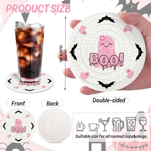 4Pcs Halloween Handmade Braided Cotton Coasters Pink Black Pumpkin Ghost Boo Drink Coasters Absorbent Cup Mat for Home Office Party Decor (4 Count)