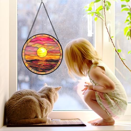 Sunrise Sea Pink Stained Glass Window Hanging Suncatcher Gifts Decor 7.8"