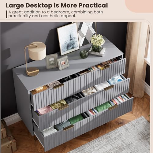 47.2" Fluted Grey 6 Drawer Dresser for Bedroom with Deep Drawers