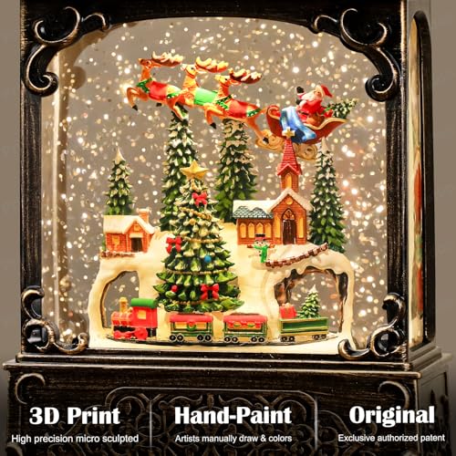 Village Snow Globe Christmas Decorations Indoor Santa Claus Reindeer Church Cabin Snow Village Scene Gifts Classic Relief Texture Musical Glitter Snowfall USB