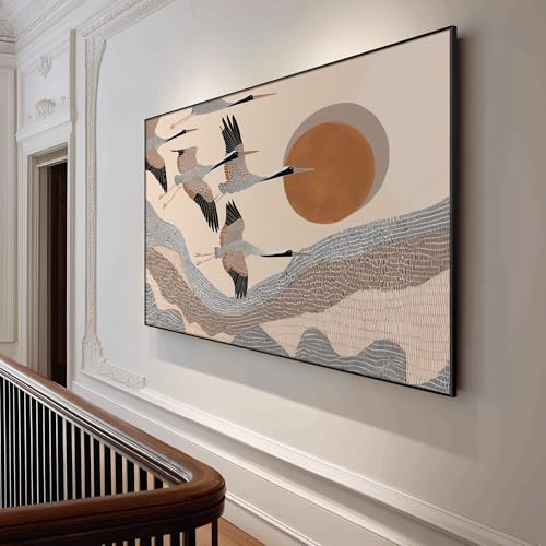 46"x72" Extra Large Framed Wall Art Flying Cranes Over Sunlit Hills Illustration for Home Living Room Bedroom Decor