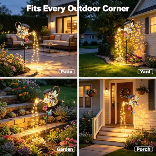 Solar Metal Watering Can with Bee and Cascading Lights Outdoor Decor