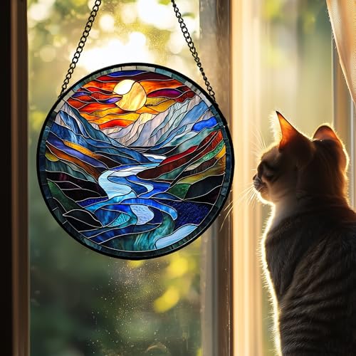 Stained Glass Window Hanging River Scenery Suncatcher Gifts for Women 15"