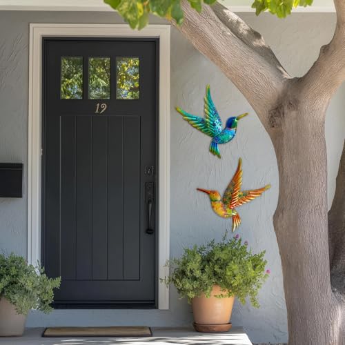 Metal Hummingbird Wall Art 12inch Metal Birds Wall Sculpture Garden Decoration Outdoor Statue Patio Fence Hanging Plaques 2 Pack（Multicolor） (2 Count)
