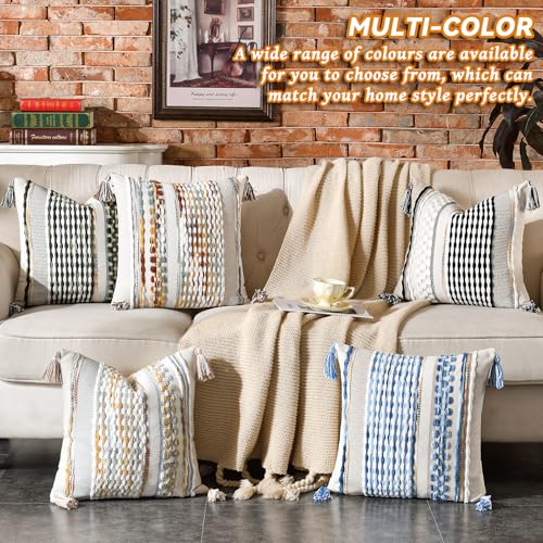 Chenille Striped Textured Boho Throw Pillow Covers Aesthetic with Tassels Woven Decorative Pillow Case for Couch Bed Sofa Bedroom Modern Funky 18 x 18