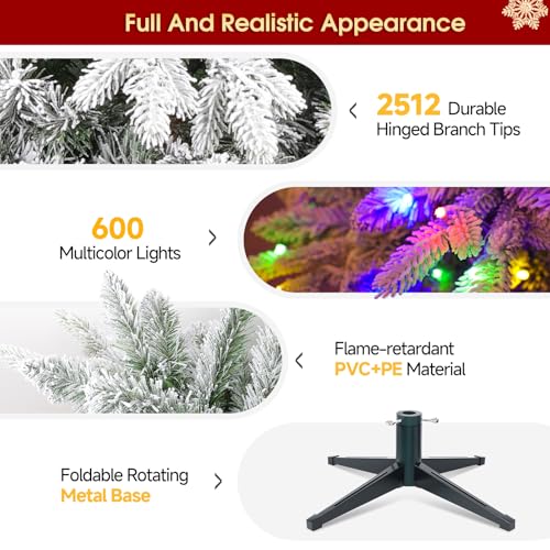 9ft Pre Lit Snow Flocked Rotating Christmas Tree with 600 Multi
