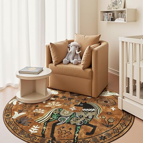 5ft Cute Round Rug Kids Washable Fun Rug Earthy Brown Starlit Boho (19.63 Sq Ft)