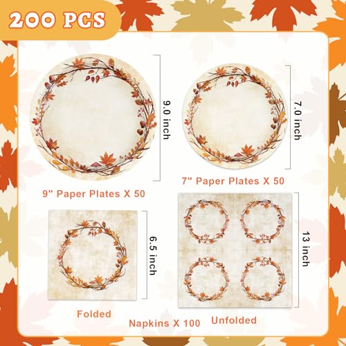 200 Pcs Fall Paper Plates and Napkins (50 Count)