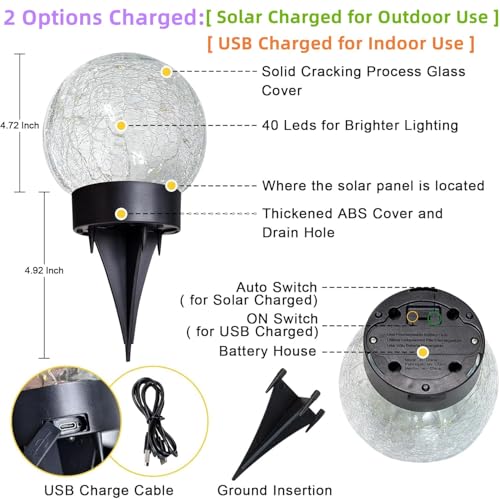 Solar Globe Lights Outdoor Large Garden Decor USB Charged 4.72" Diameter 40LED 1000mAh Solar Lights Cracked Glass Globe Solar Power Yard Patio Garden (2 Count)