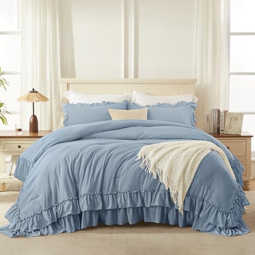 Grayish Blue Twin Size Ruffle Comforter Set