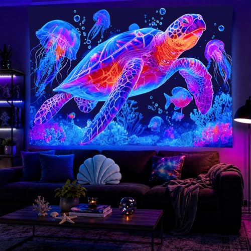 Blacklight Tapestry Turtle Ocean Room Wall Art 78 x 59 Inch