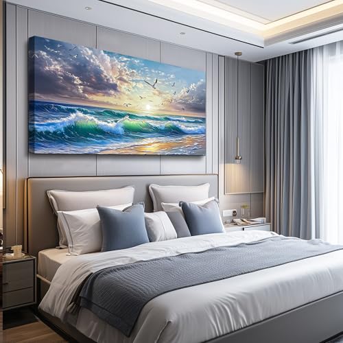 Canvas Wall Art For Living Room Wall Decor For Bedroom Restaurant Modern Office Home Decorations Seaside Landscape Painting Printing Pictures Artworks Poster Mural Ready To Hang 24"X48"
