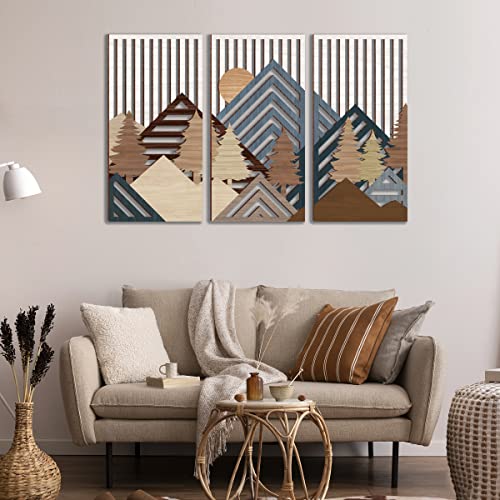 Abstract Mountain Wood Wall Art Large Geometric Forest Pine Trees Wooden Wall Decor Boho Sun Nature Landscape Wall Decor for Bedroom Living Room Office