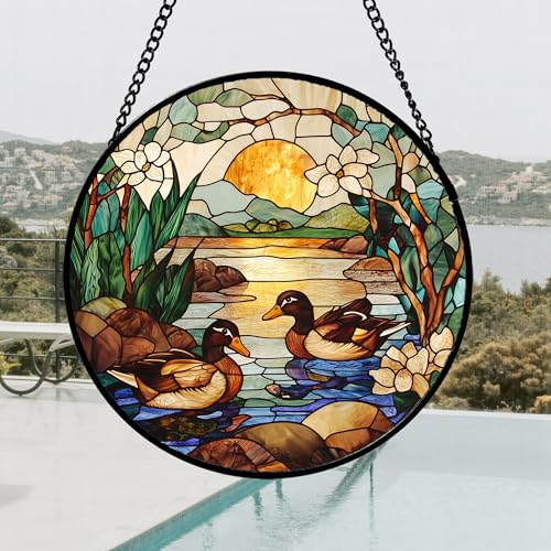 Stained Glass Window Hanging Duck Pond Suncatcher Gifts for Women 12"