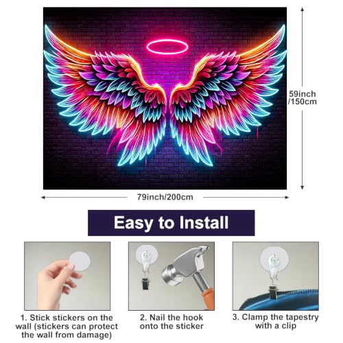 Blacklight Tapestry Angel Wings Neon Decor 59 x 78 Inch