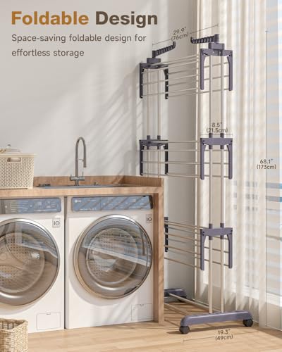 Clothes Drying Rack Folding with Wheels Drying Rack Clothing Clothes Horses Rack Stainless Steel Laundry Drying Rack with Two Side Wings 4 Tier Grey