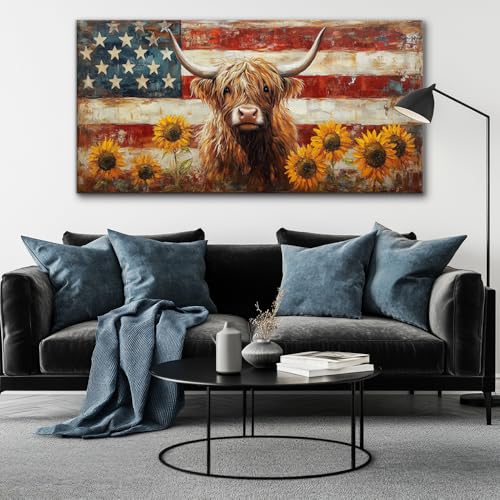Country Highland Cow Wall Art for Living Room Rustic Retro Vintage American Flag Sunflower Canvas Painting Prints Highland Cattle Artwork Farmhouse Bedroom Office Decor