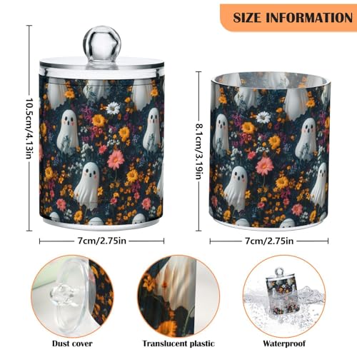 2 Pack Qtip Holder Organizer Dispenser Cute Ghosts with Flowers Bathroom Storage Canister Cotton Ball Holder Container for Cotton Pads (2 Count)