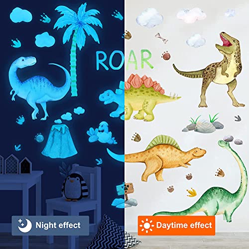 Dinosaur Wall Decals Glow in The Dark Vinyl Watercolor Dinosaur Decal Large Removable Dino Wall Stickers for Boys Bedroom Kids Girls Baby Nursery Playroom Living Room Wall Decor (4 Count)
