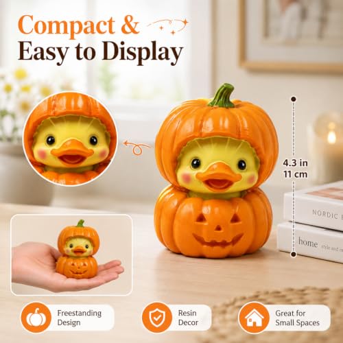 Halloween Duck Pumpkin Statue Cute Spooky Figurine Desk Ornament Decoration Cartoon Mini Pumpkin Duck Figurine for Festive Home Office Desktop Shelf Table Decor Display Ornament