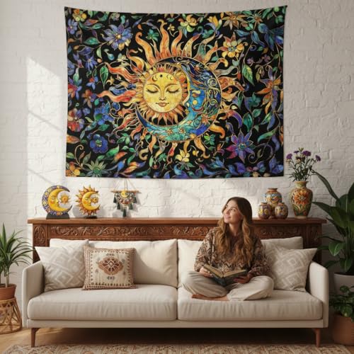 Sun and Moon Tapestry for Bedroom Boho Hippie Floral Wall Tapestry Aesthetic Vintage Stained Glass Plant Large Tapestries Wall Hanging for Living Room Dorm 80 x 60 Inch