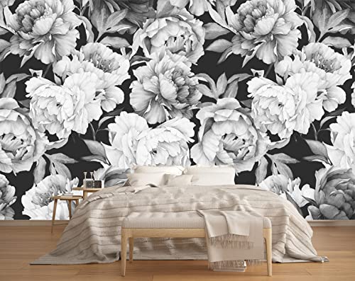 Black and White Peonies Wallpaper Watercolor Floral Mural Wallpaper for Bedroom Living Room